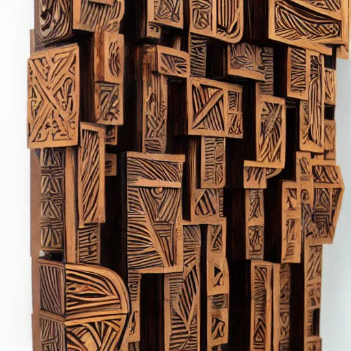 Prompt: intricate abstract wooden sculpture of a mix of alien, cubist, futuristic mayan design influences