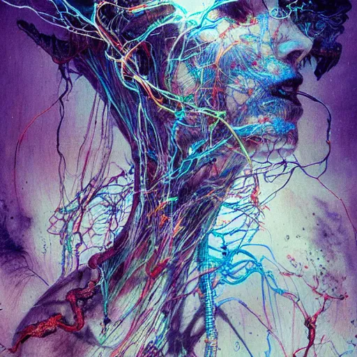 Prompt: blue brain , brain,veins and cables, 8k,by,Greg Rutkowski,Carne Griffiths, Ayami Kojima, Beksinski, trending on DeviantArt,hyper detailed, cybernetic, full of colour