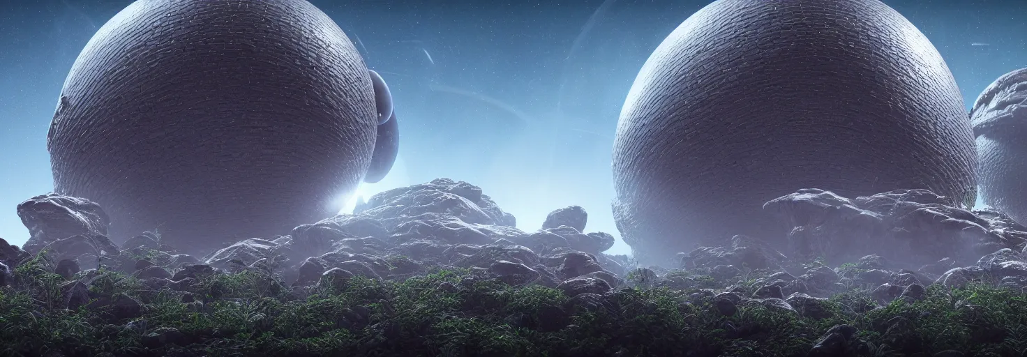 Prompt: alien planet with metallic megastructure : octane render landscape : flora and fauna : mathew o : aleksandr pronin!!! | humble : 3 d render : octane render : ue 5 : 3 d graphic : android jones