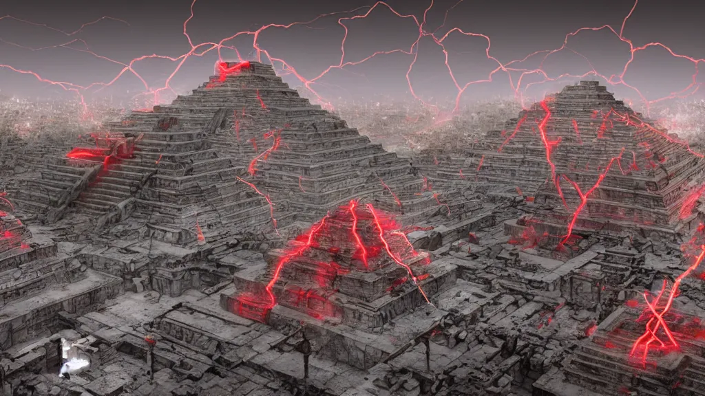 Prompt: blood light with electricity on top of aztec pyramids floating in the sky, marble surfaces, stone surfaces, fine details, studio lighting, close up subtle shadows, art by katsuya terada, photorealism, hyper realism, octane render, hyper detailed, medium shot, 8 k, raw, unedited, in - frame,
