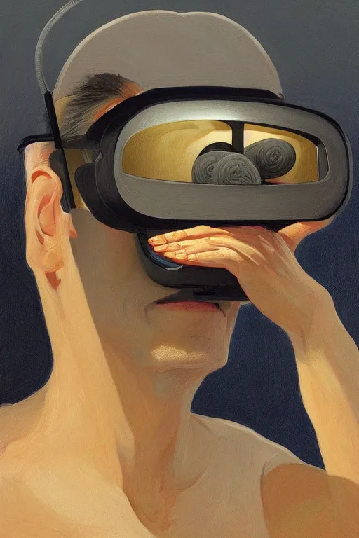 Image similar to sathoshi nakamoto wearing oculus and bitcoin over his head edward hopper and james gilleard, zdzislaw beksisnski, higly detailed