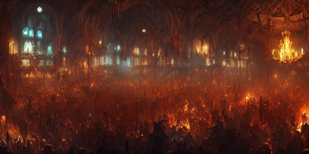 Interior of a crowded fantasy medieval night club,, Stable Diffusion