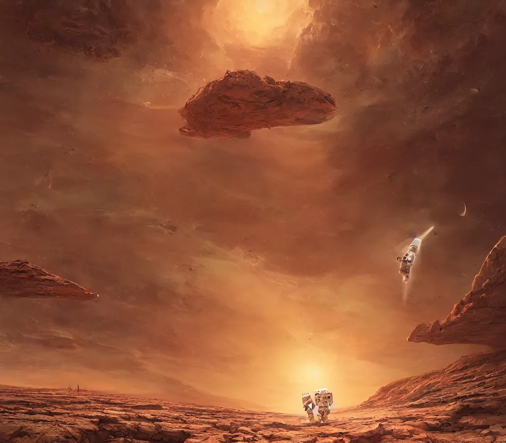 Prompt: Detailed photo the starship super heavy landing on Mars, seen from the ground, an astronaut on the surface is watching it land, cinematic by Jordan Grimmer, digital art