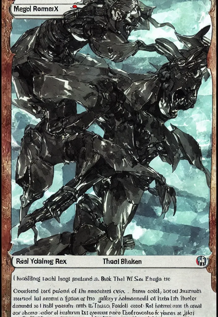 Prompt: Metal Gear Rex as a Magic the Gathering Trading Card.