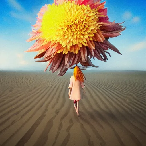 Image similar to closeup giant dahlia flower under head, girl walking between dunes, surreal photography, sunrise, blue sky, dramatic light, impressionist painting, digital painting, artstation, simon stalenhag