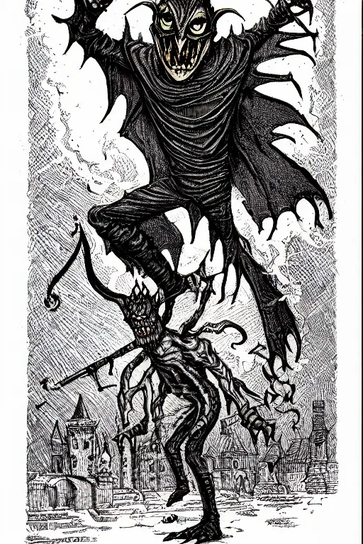 Prompt: spring - heeled jack as a d & d monster illustration, full body, pen - and - ink illustration, etching, by russ nicholson, david a trampier, larry elmore, 1 9 8 1, hq scan, intricate details, inside stylized border