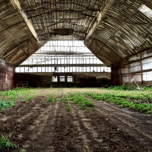 Image similar to a farm in an abandoned car parking building, photo by greg girard