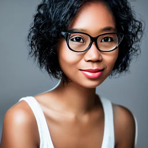Prompt: Blasian woman wearing glasses.