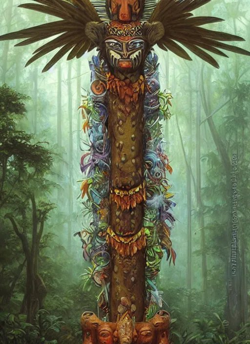 Prompt: a totem in the jungle representing amazonian shamanic tradition, tribal masks, totem, hyper detailed, art by christophe vacher