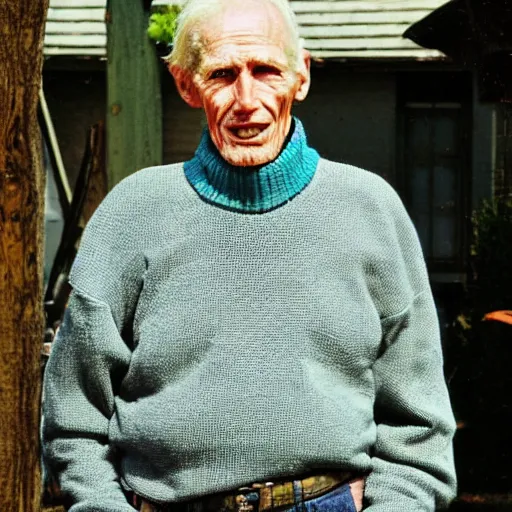 Image similar to A photograph of old Jerma985 in his eighties who looks like Jerma985 wearing a sweater in the 2010s, Jerma985, looks like Jerma985, taken in the late 2010s, taken on a 2010s Camera, realistic, hyperrealistic, very realistic, highly detailed, very detailed, extremely detailed, detailed, digital art, trending on artstation, headshot and bodyshot