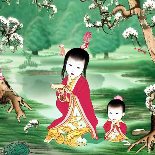 Image similar to animated chinese fairytale forest babies with ginseng leaves for their hair