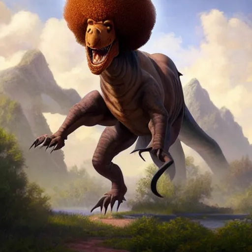 Image similar to bob ross!!! riding!!! a dinosaur!!, giant afro!, model pose, ultra realistic, concept art, intricate details, highly detailed, photorealistic, octane render, 8 k, unreal engine. art by artgerm and greg rutkowski and alphonse mucha