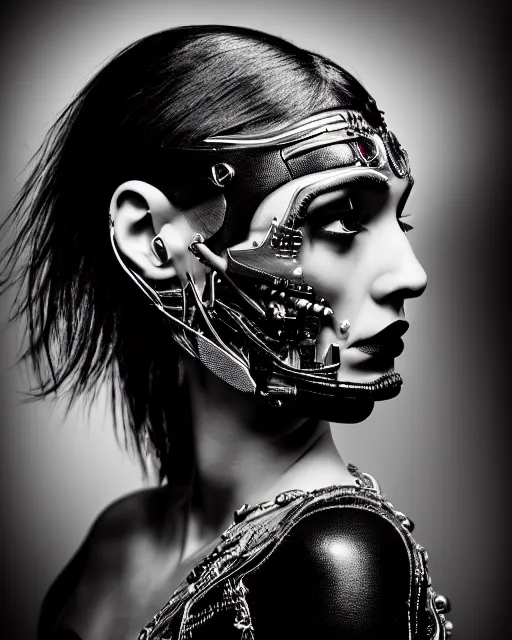 Image similar to a profile portrait, a stunning young woman - crow - cyborg, editorial photography, bw, shot on 7 0 mm, depth of field, f / 2. 8, high contrast, 1 6 k, volumetric lighting, shiny, insanely detailed and intricate, hypermaximalist, elegant, ornate, hyper realistic, super detailed