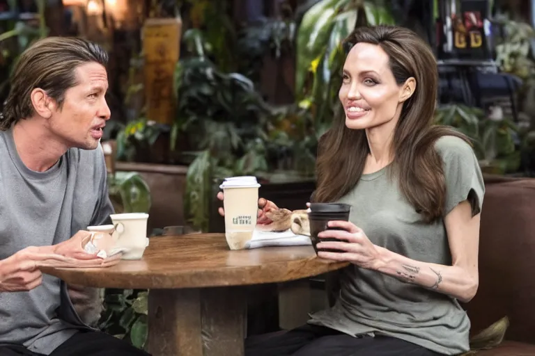 Prompt: Angelina Jolie and the alien from The Predator (2018) are best friends, drinking coffee at central perk, still photo, hyperrealistic, 35mm, 8k, by weta digital