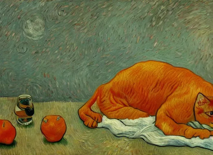 Image similar to detailed realistic realism painting of hybrid between orange tabby cat and lasagna, at dusk, in the style of vincent van gogh and salvador dali and leonardo da vinci