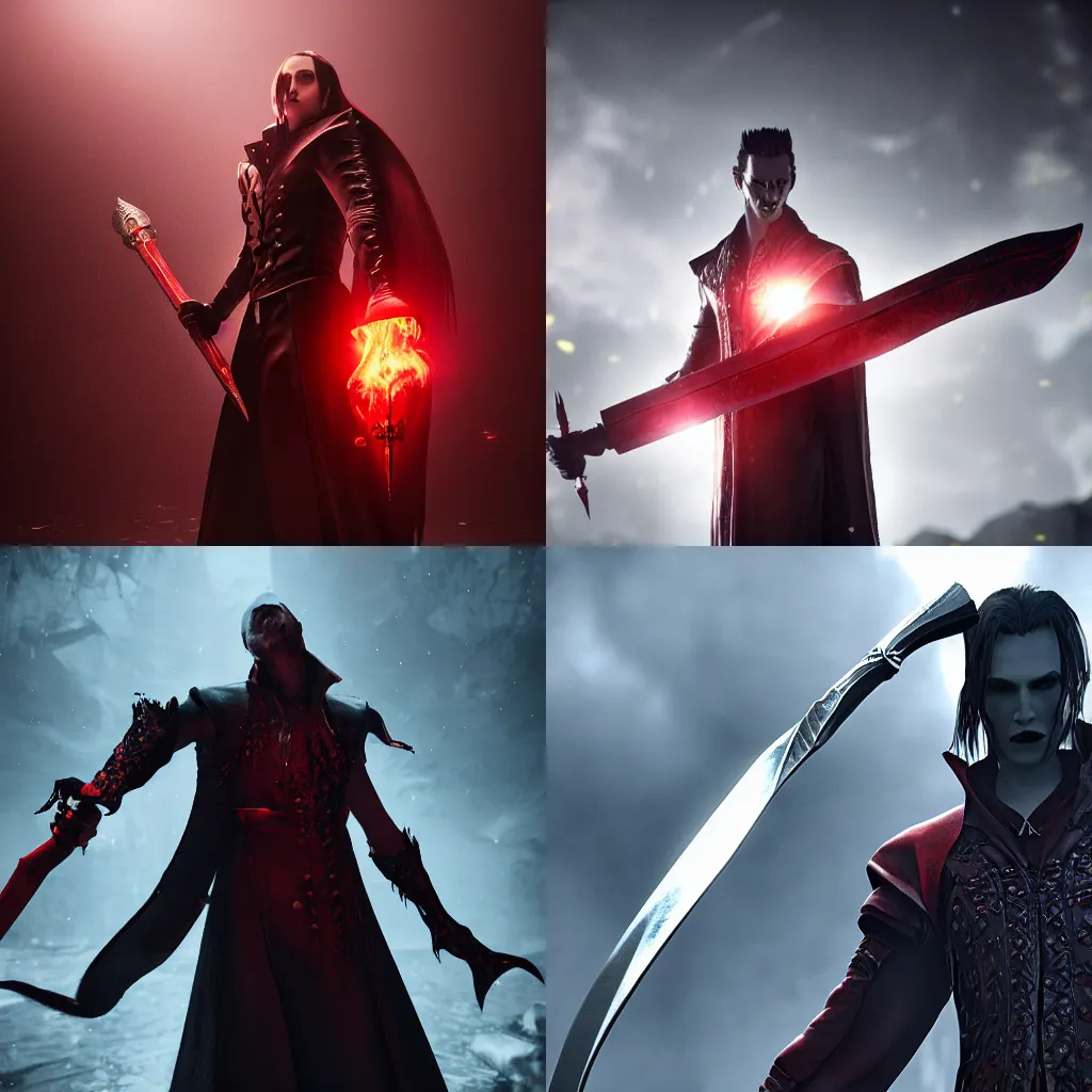 Prompt: vampire in noble clothes holding a blood sword, unreal engine octane render, perfect composition, dramatic lighting