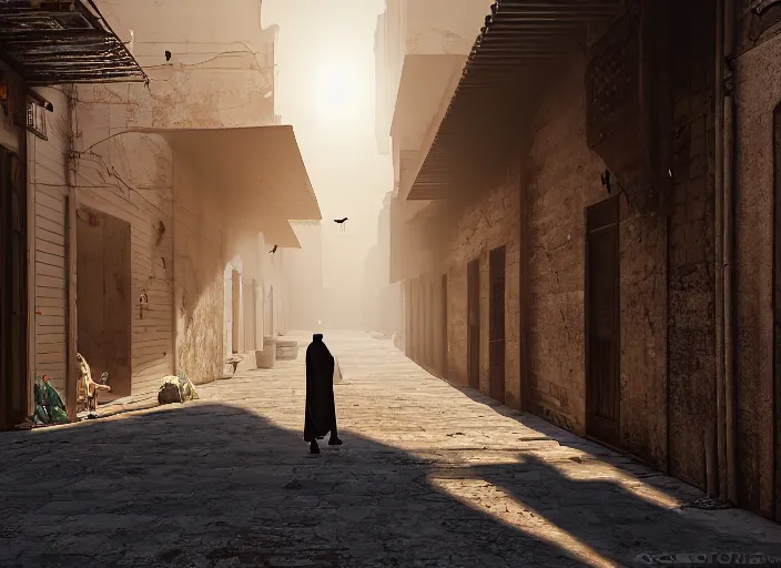 Prompt: old jeddah city alley, roshan, old shops, horse, magical time gate to another dimension, a man wearing a white robe standing watching over, dramatic lighting, dawn, by caspar david friedrich, unreal engine 5