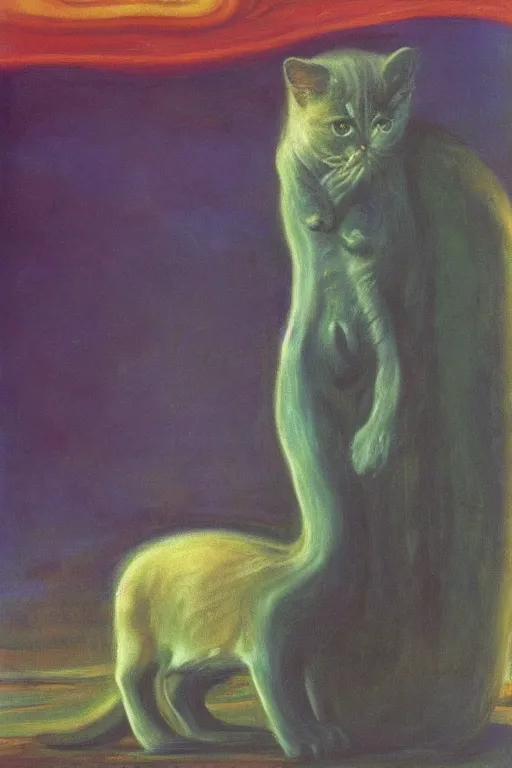 Prompt: tiny kitten meets a colossal space monster, oil painting by Edvard Munch, Zdzislaw Beksinski