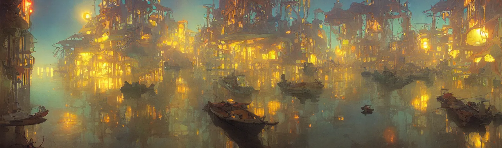 Prompt: a beautiful painting of a dystopian science fictionlandscape, a lake with boats, houses on stilts, different colour led lights and neon, by alfons maria mucha and julie dillon and makoto shinkai