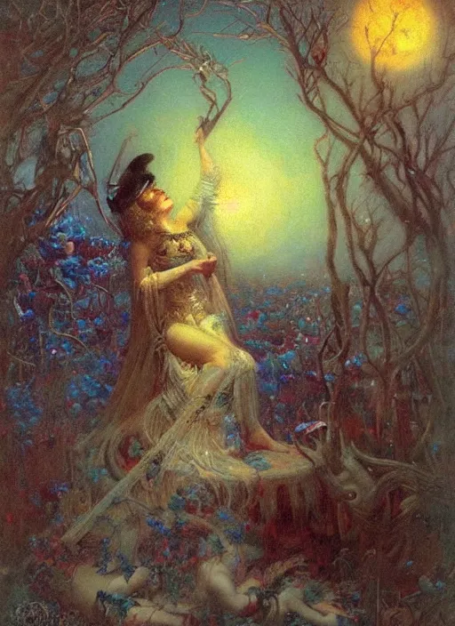 Prompt: surrealism, abstract, witch, portrait, close - up, make up, full big moon, painting by gaston bussiere and albuquerque, soft light