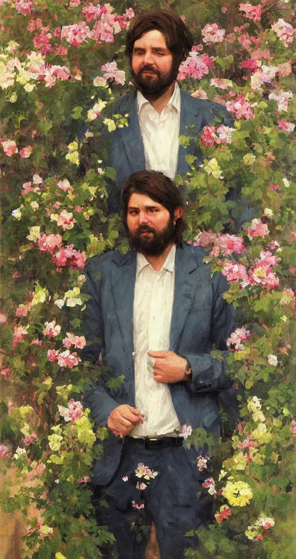 Image similar to romantic detailed portrait of gabriel boric surrounded by beautiful flowers, by gregory manchess, james gurney, james jean