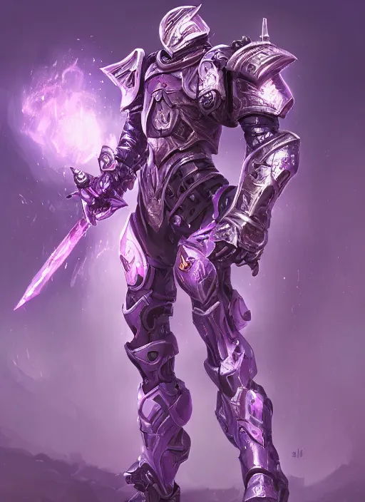 Image similar to a highly detailed illustration of fantasy cyber knight with machine gun arms, rigid bulky armor, purple glowing core in armor, dramatic standing pose, intricate, elegant, highly detailed, centered, digital painting, artstation, concept art, smooth, sharp focus, league of legends concept art, WLOP