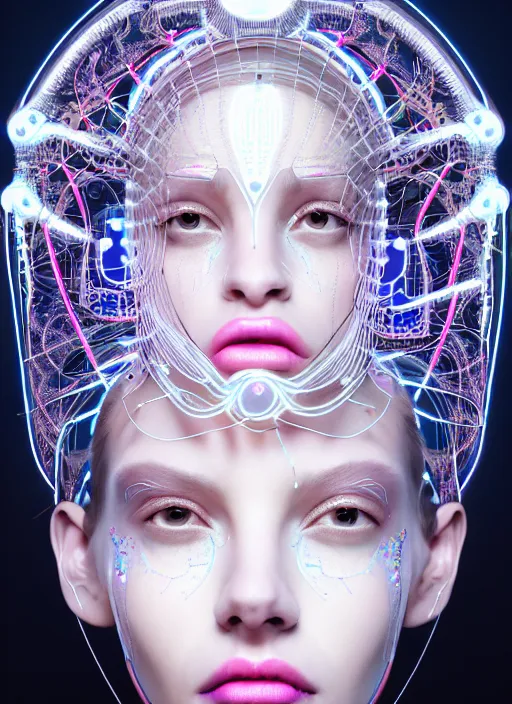 Image similar to portrait of an absurdly beautiful, graceful, sophisticated, fashionable cyberpunk mechanoid, hyperdetailed illustration by irakli nadar, matt wisniewski style, intricate linework, white porcelain skin, iridescent jellyfish headdress, day - glow face paint, multi colored neon electronic collar, unreal engine 5 highly rendered, global illumination, radiant light, detailed and intricate environment