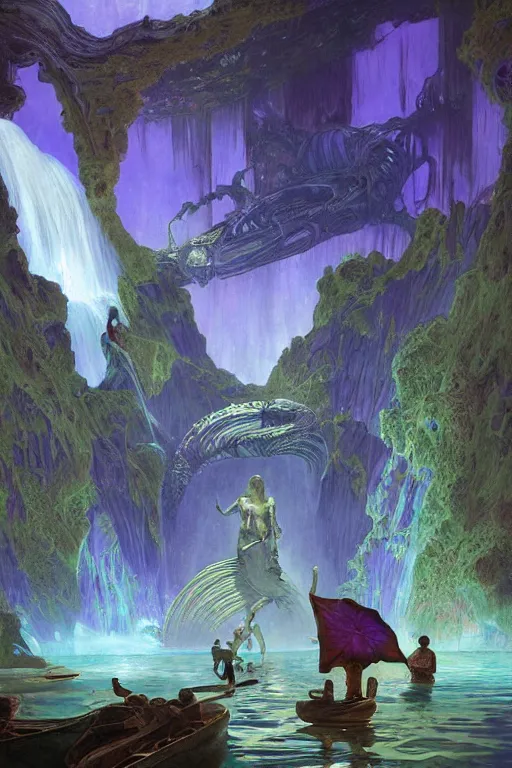 Image similar to Concept Digital Art Highly detailed Alien Art Deco Riza 4 lazy river inside of mount Vesuvius with glowing purple water at midnight, starfleet shore leave, by greg rutkowski, alphonse mucha, and Edmund Blair Leighton. Very highly detailed 8K, exquisite rendering, octane, drum scanner, Digital painting, the golden ratio, rational painting, sharp