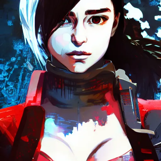 Prompt: highly detailed portrait of a post-cyberpunk emilia clarke by Akihiko Yoshida, Greg Tocchini, 4k resolution, persona 5 inspired, nier:automata, vibrant red, brown, white and black color scheme with graffiti