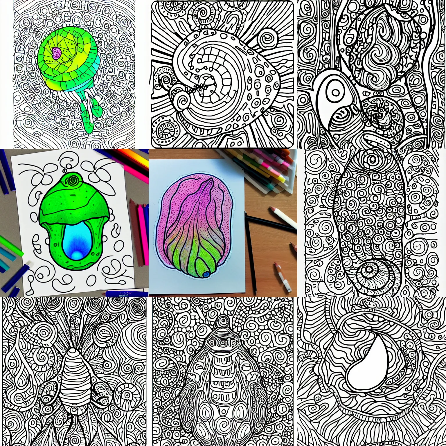 Prompt: an adult coloring page of a water drop with tardigrades