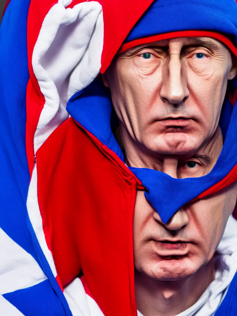 Image similar to body portrait of person in hoodie and red - blue - white bandana looking like vladimir putin in the style of gta game, 8 k super resolution