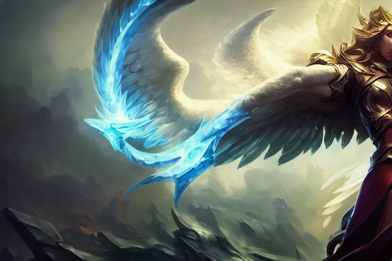 Image similar to amazing portrait of archangel micheal, league of legends splash art, deiv calviz, splash art, natural light, elegant, intricate, fantasy, atmospheric lighting, by greg rutkowski, league of legends splash art, hd wallpaper, ultra high details