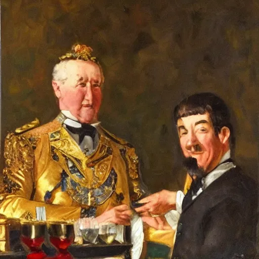 Prompt: A detailed oil painting of a majestic emperor toasting by John Parrot and Robert Lefevre