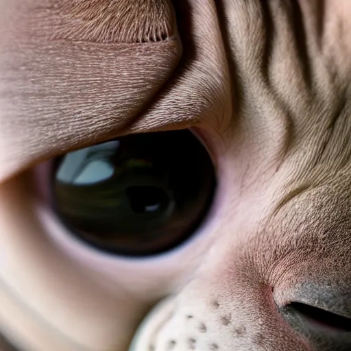 Prompt: close-up of Egyptian sphynx cat looking at camera, fisheye effect