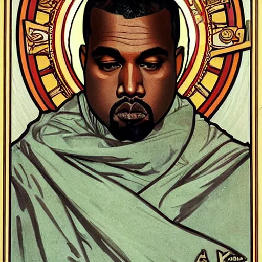 Prompt: surprised Kanye West, painting by Alphonse Mucha