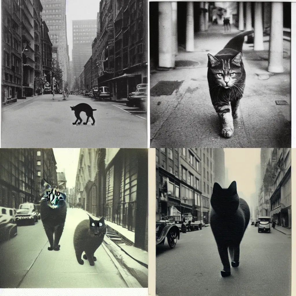 Prompt: Polaroid photo of a giant cat walking in a 1920's city, award winning