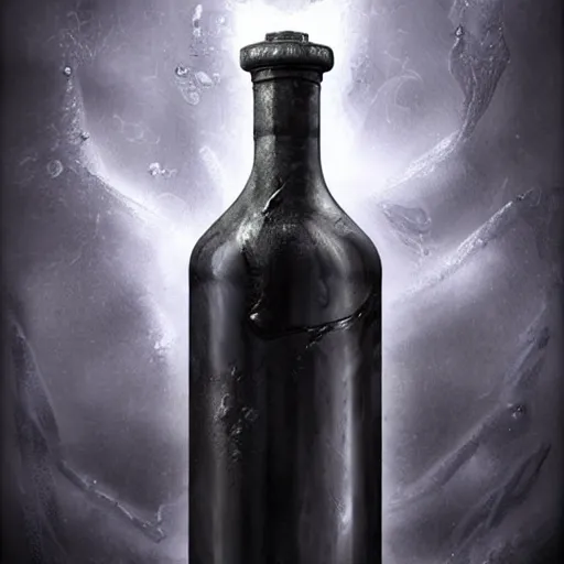 Prompt: epic professional digital art of a corked vial of viscous black liquid; mtg art by Volkan Baga, artstation