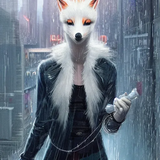 Image similar to white anthropomorphic female vulpes vulpes fulva, long snout, fluffy tail, smoking a cigarette in the rain, in crowded and wet street of a city, cyberpunk, harsh neon lights, highly detailed, digital painting, trending on artstation, concept art, illustration, art by artgerm and greg rutkowski and magali villeneuve