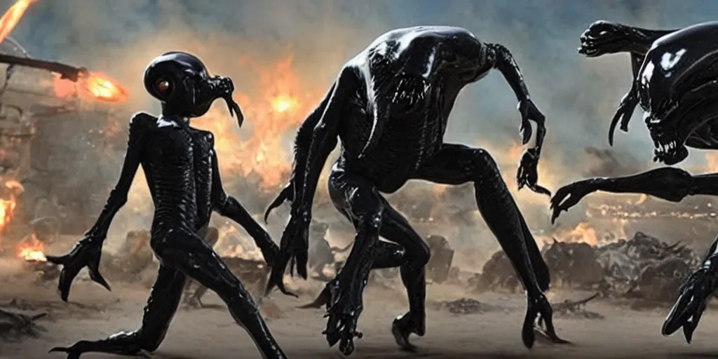 Image similar to an epic battle scene of the Men in Black fighting aliens in the style of Pixar