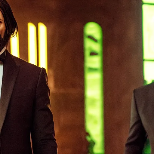 Image similar to Kermit the frog as John wick in John wick 4k hd movie still realistic render symmetric gritty trailer