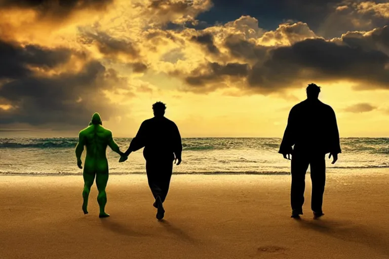 Image similar to the hulk and shrek walking hand in hand along a deserted beach. romantic setting, golden hour, sunset, dramatic skies, motivational poster