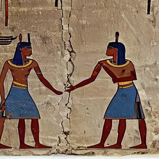 Image similar to An ancient Egyptian painting depicting an argument over whose turn it is to take out the trash