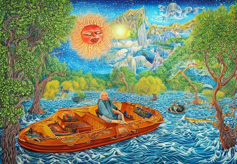 Image similar to An intricate, extremely detailed painting in a style of Alex Grey featuring a river in Europe, surrounded by trees and fields. A dinghy is slowly moving through the water. Sun is shining.