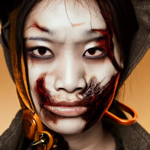 Image similar to photograph of an asian woman thirty years old with burn scars all over her neck and nose wearing a trench coat, steampunk background, portrait, 4 k, hd, art station trending, sharp and highly detailed