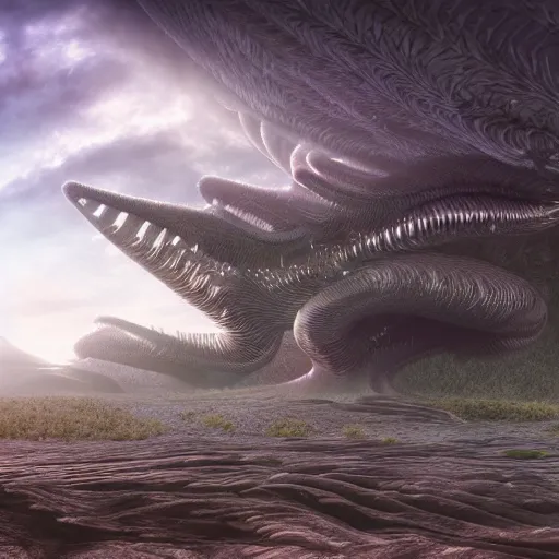Image similar to bio-inspired design, alien nature, panoramic,octane render,luis royo style,psychedelic clouds