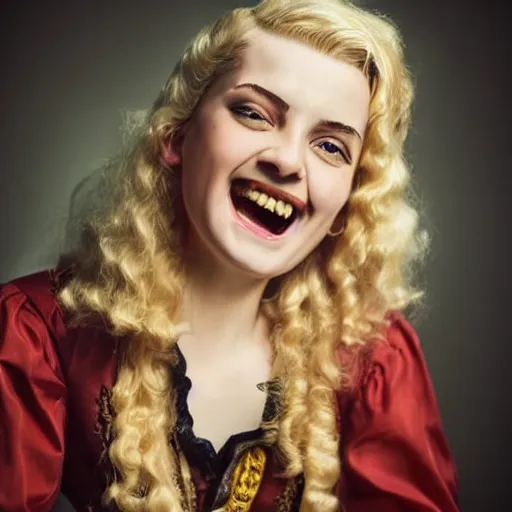 Image similar to laughing, singing, beautiful, intelligent, blonde female pirate captain 2 8 years old, 1 9 3 0 s haircut, fully clothed, wise, beautiful, 1 7 3 0 s oil painting, dramatic lighting, sharp focus