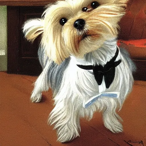 Image similar to a Yorkshire terrier at a bar wearing a bow tie, extremely detailed masterpiece, illustration, by Michael Sowa,