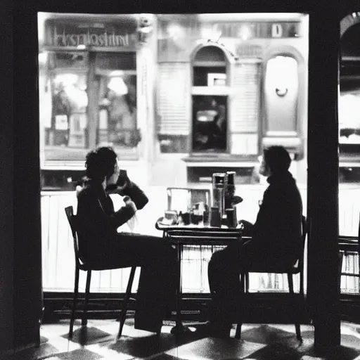 Image similar to people at a cafe at night, paris, 8 mm, photographed by nan goldin