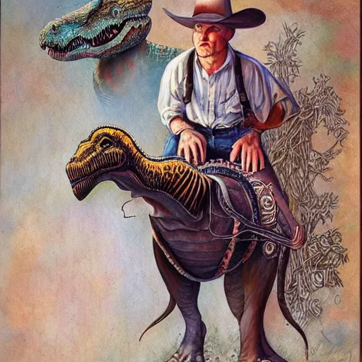 Image similar to dinosaur as a cowboy, artwork by Daniel Merriam,