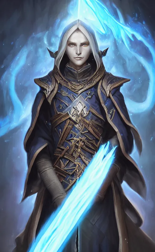 Image similar to legendary dark elf wizard with blue flame staff, highly detailed, d & d, fantasy, highly detailed, digital painting, trending on artstation, concept art, sharp focus, illustration, global illumination, ray tracing, realistic shaded, art by artgerm and greg rutkowski and fuji choko and viktoria gavrilenko and hoang lap